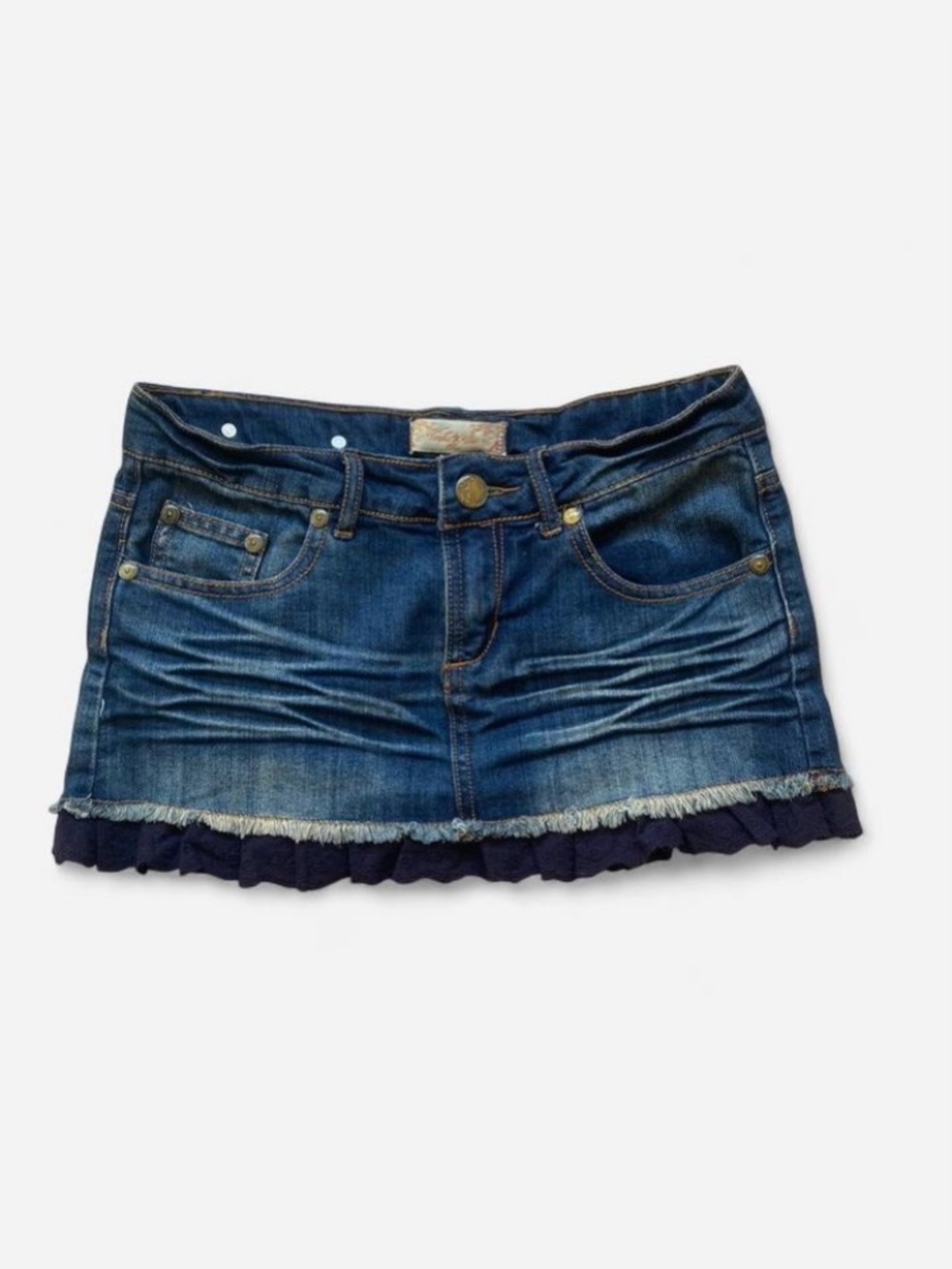 Y2k Vanilla Star Denim Micro Mini Skirt with Navy Lace Ruffled Trim